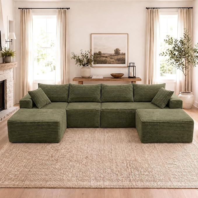 Claiks 132" Boneless Couch, Cloud Couch Sectional, U-Shape Corduroy Modular Sectional Sofa Deep Seat, Upholstered Couches for Living Room, No Assembly Required, Green