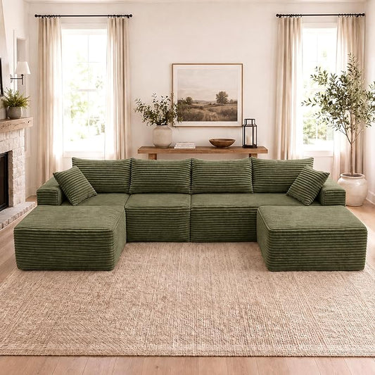 Claiks 132" Boneless Couch, Cloud Couch Sectional, U-Shape Corduroy Modular Sectional Sofa Deep Seat, Upholstered Couches for Living Room, No Assembly Required, Green