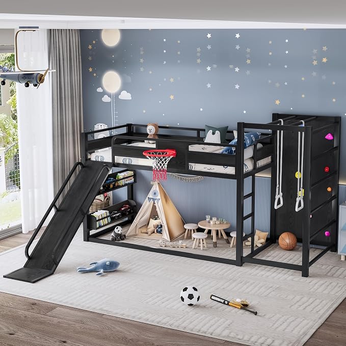 Bellemave Twin XL Bunk Bed with Basketball Hoop, Pull-up Rings and Climbing Wall, Twin XL Bunk Bed with Slide and Bookcase, Heavy Duty Bunk Beds with Guardrail, Black