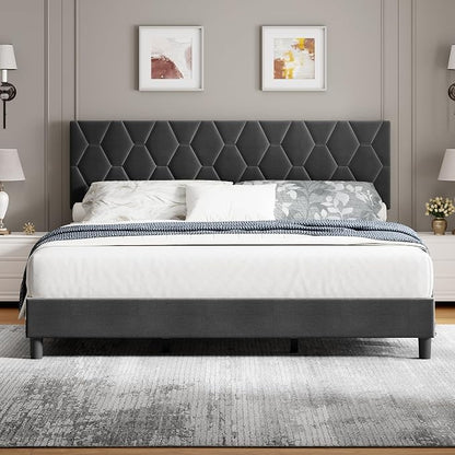GarveeHome Full Size Platform Bed Frame with Upholstered Headboard and Wooden Slats Support, Upholstered Mattress Foundation/No Box Spring Needed/Easy Assembly, Grey