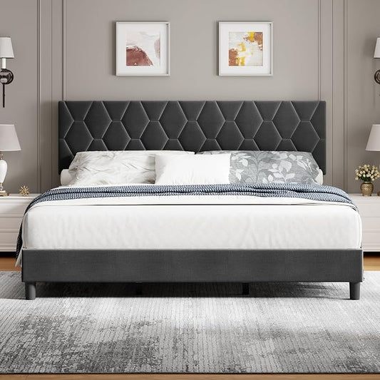 GarveeHome King Size Platform Bed Frame with Upholstered Headboard and Wooden Slats Support, Upholstered Mattress Foundation/No Box Spring Needed/Easy Assembly, Grey