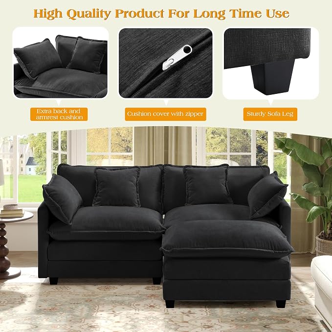 77.6" Modular Sectional Sofa,Loveseat Couch for Living Room, Modern Deep Seat Sofa 2 Seater Chenille Fabric Comfy Cloud Couches with Throw Pillows & Ottoman for Apartment,Small Spaces