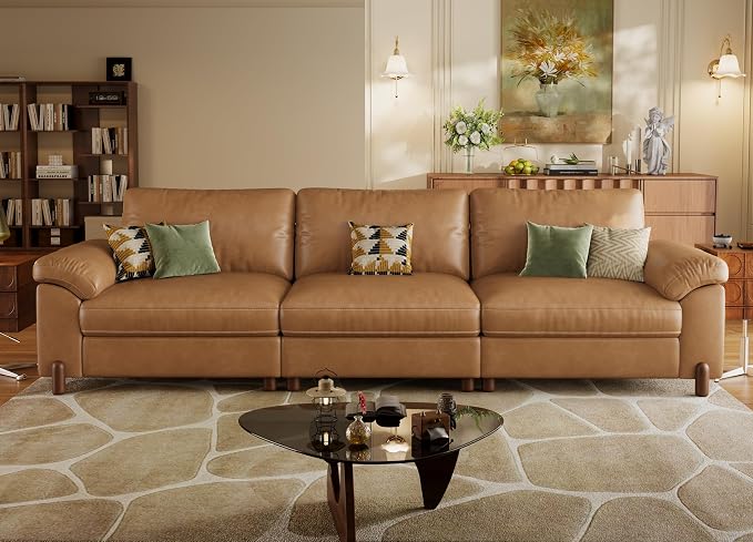 SITJOY Large Cloud Couch, 118" Wide 3 Seater Sofa, Faux Leather in Brown | Pet-Friendly Scratch-Resistant Leather Sectional Sofas for Living Room, Deep Seat Wide Couch