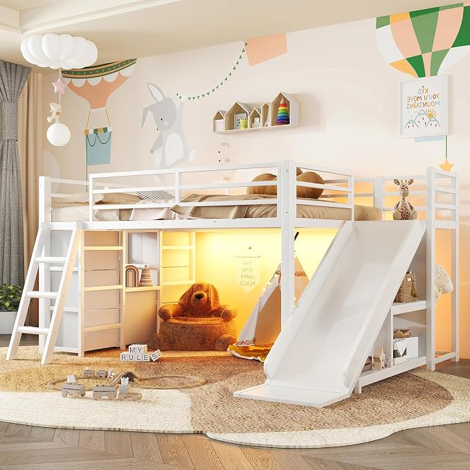 Bellemave Twin Size Loft Bed with 7 Non-Woven Fabric Drawers, Shelves and Wardrobe, Twin Loft Bed with Detachable Slide and Ladders, Low Profile Loft Beds with Lights, Noise Reduced Design White