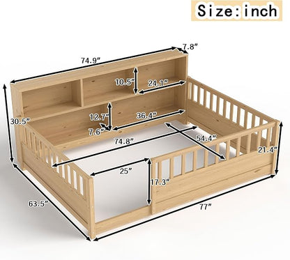 Bellemave Full Size Montessori Floor Bed with Bookcase, Full Floor Bed with High Fence and Storage Shelves, Easy Assemble Montessori Beds Frame for Girls, Boys, Natural