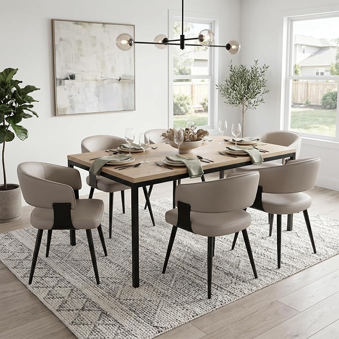 Dining Chairs Set of 6, Modern Upholstered Faux Leather Kitchen Chairs with Curved Back, Easy to Assemble & Clean for Dining Room, Restaurant, Cafe, Warm Gray