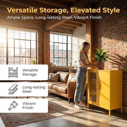 Yellow Lockable Mesh & Metal Door Storage Cabinet, 3-Tier Heavy Duty Steel Locker with 2 Adjustable Shelves, Accent Cabinet for Living Room, Home Office, 33" H x 29.5" W x 13.8" D