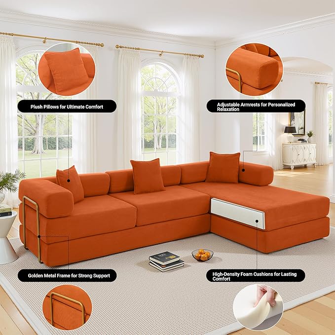 ivoros 108" Oversized Convertible Sleeper Sofa Bed, Corduroy L Shape Sectional Couch, Folding Sofa Bed with Fixed-Shape Frame, Modern Cloud Floor Mattress Couch, Modular Sofa for Living Room, Orange