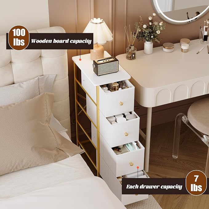 Narrow Storage Cabinet, Narrow Nightstand Dresser with 4 Drawers, Slim Fabric Dresser Storage Tower for Small Spaces, Gold Dresser for Bedroom, Bathroom, Laundry, Closet
