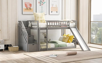 Ball & Cast Twin Over Twin Size Bunk Bed with Two Drawers and Slide,Wood Bunkbed w/Full-Length Guardrails & Storage Convertible Ladder,Space Saving,Slat Support,Bedframe for Child's BedroomGray