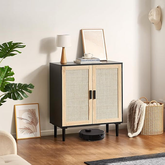 VEVOR Rattan Cabinet, Buffet Cabinet with Storage, Storage Cabinet with 2 Magnetic Doors and Adjustable Shelves, Sideboard Buffet for Hallway, Entryway, Living Room, or Kitchen, Black