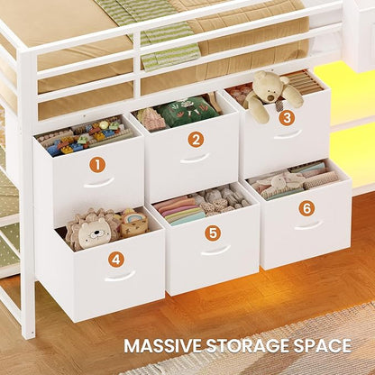 Full Over Twin Bunk Bed with 6 Drawers, Metal Frame Bunk Bed with LED Lights, Convertible Storage Bunk Bed with Extra-High Guardrails & Non-Slip Ladder, 2-Way Installation,for Teens, White