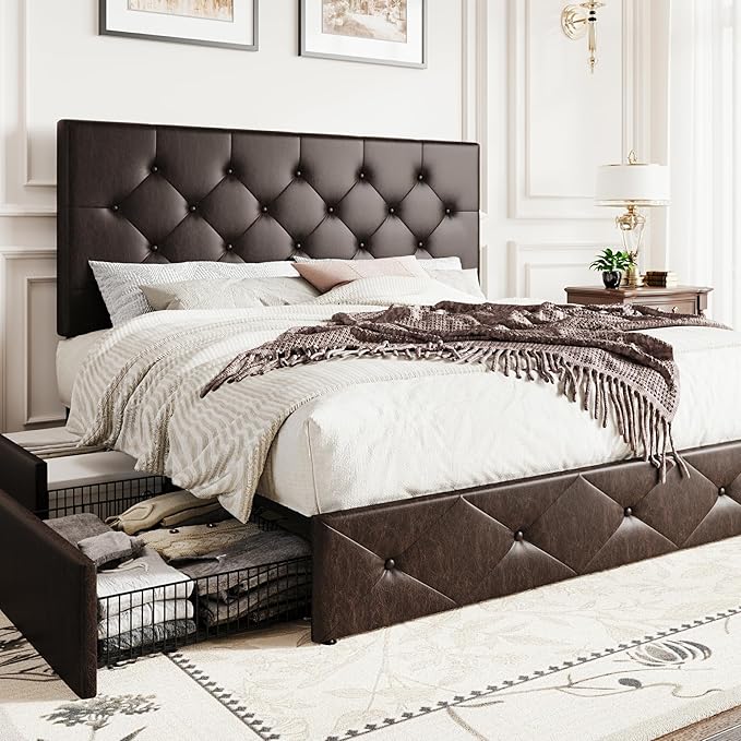 SHA CERLIN Upholstered Queen Size Platform Bed Frame with 4 Storage Drawers, Adjustable Headboard with Diamond Stitched Button Tufted Design, Wooden Slat Support, No Box Spring Needed, Black Brown