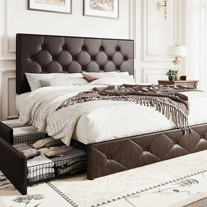 SHA CERLIN Upholstered Queen Size Platform Bed Frame with 4 Storage Drawers, Adjustable Headboard with Diamond Stitched Button Tufted Design, Wooden Slat Support, No Box Spring Needed, Black Brown