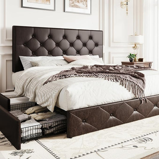 SHA CERLIN Upholstered Full Size Platform Bed Frame with 4 Storage Drawers, Adjustable Headboard with Diamond Stitched Button Tufted Design, Wooden Slat Support, No Box Spring Needed, Black Brown