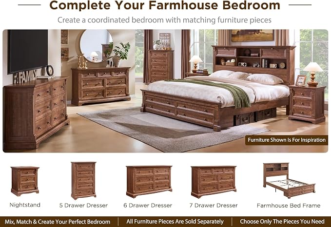 Farmhouse King Size Bed Frame with 54" Tall Headboard, Headboard with 4 Storage Rack, 2 Drawers, Wood Platform Bed Frame,18" Roman Column Decoration Footboard, No Box Spring Needed(Reclaimed Barnwood)
