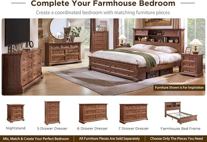 Farmhouse King Size Bed Frame with 54" Tall Headboard, Headboard with 4 Storage Rack, 2 Drawers, Wood Platform Bed Frame,18" Roman Column Decoration Footboard, No Box Spring Needed(Reclaimed Barnwood)