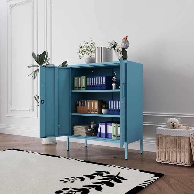 Blue 3 Tier Metal Storage Cabinet with Legs, Lockable 2 Door Metal Locker, Heavy Duty Multipurpose Accent Storage Cabinet with 2 Adjustable Shelves for Home, Office, Entryway and Hallway