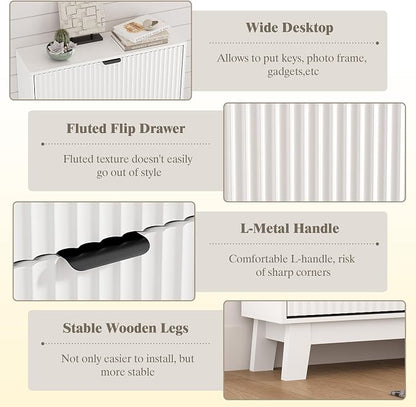 Shoe Cabinet Storage for Entryway with 3 Flip Drawers, Fluted Narrow Shoe Organizer with Wooden Legs, Freestanding Slim Shoe Storage Hidden Shoe Rack Organizer for Front Door Entrance, Hallway, White