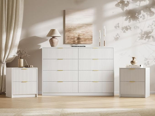 MAISONARIA 3-Piece Dresser Bedroom Set, 8 Drawer Dresser & 2 Drawer Nightstands with Gold Handles, Fluted Wood Chest of Drawers for Bedroom, Living Room, Entryway, White