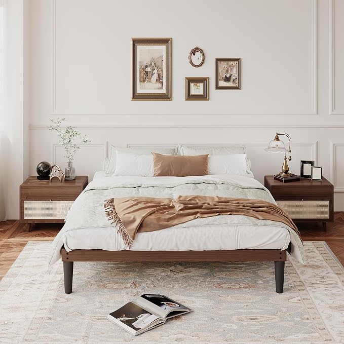 Yumori 12.9 Inch Minimalist Style Queen Size Bed Frame, Wood Platform Bed with Wood Slat Support, No Box Spring Needed, Easy Assembly, Walnut