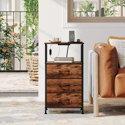 Somdot Nightstands Set of 2,Bedside Tables with Charging Station and LED Lights,Night Stand with 3 Drawers, End Tables with Open Shelf for Small Spaces Bedroom Entryway Hallway, Wood Grain Print