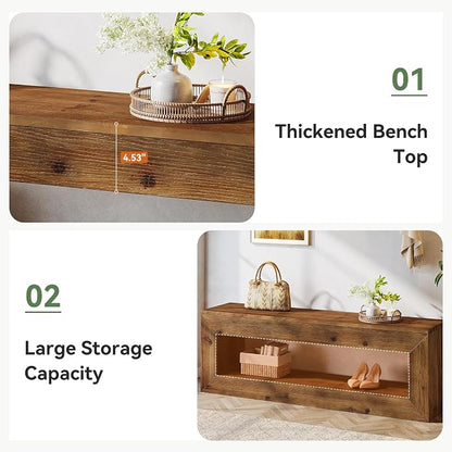Solid Wood Entryway Bench, 47" Rustic Farmhouse Indoor Bench Seat with Storage Shelf for Entrance, Hallway, End of Bed