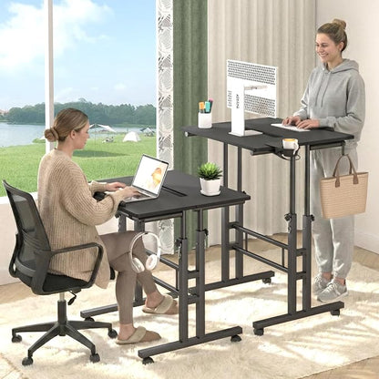 Klvied Height Adjustable Mobile Standing Desk, Tiltable Laptop Desk with Cup Holder & Hook, Portable Rolling Desk with Lockable Casters, Home Office Workstation for Standing/Sitting, Black