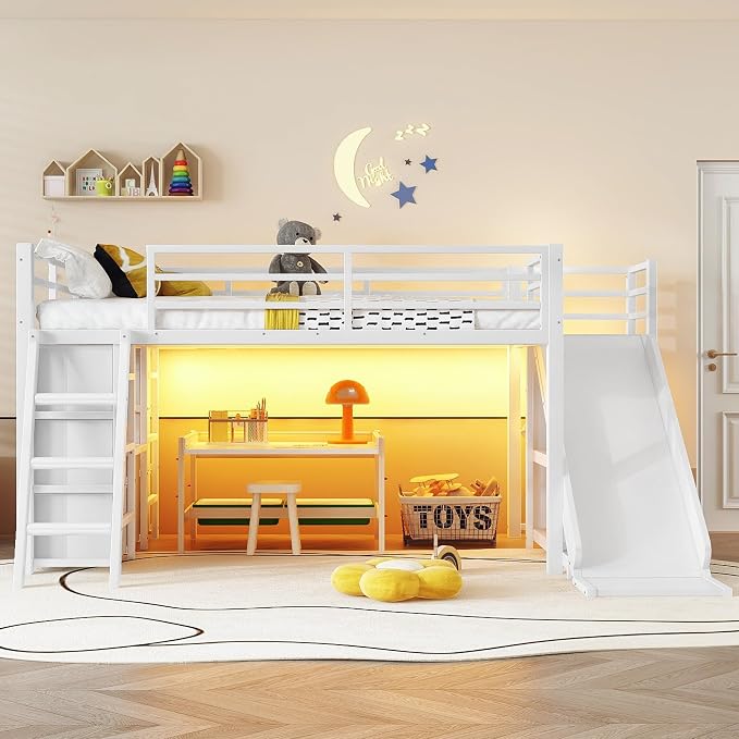 Bellemave Twin Size Low Loft Bed with Slide & 7 Fabric Storage Drawers,Metal Loft Bed Frame with Shelves and LED Lights for Boys Girls,Kids Loft Bed Twin,White