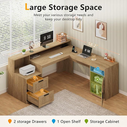 YOMILUVE 63" Farmhouse L Shaped Executive Desk with Drawers & Storage Shelf, Corner Fluted Computer Desk with Power Outlets, L Shaped Office Desk with Monitor Stand, Printer Shelf, Oak
