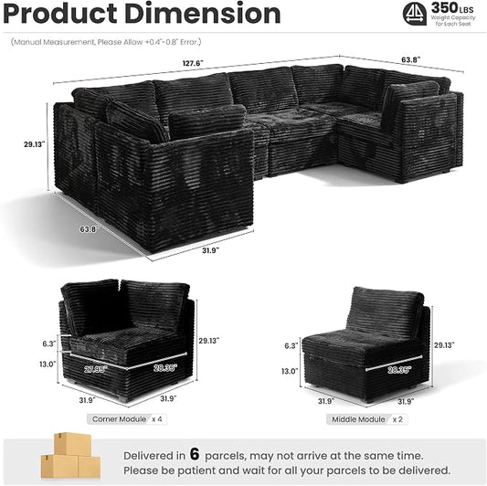 ovios Modular Sectional Sofa Couch with U-Shape Chaises Convertible, Comfy Plush Corduroy Cloud Couches, Modern Luxury Deep Seat Sofas Set for Living Room, 6-Seater, Black