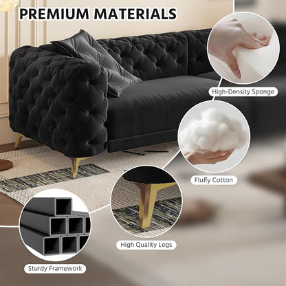 97.7'' Pull Out Sofa Bed King, Chesterfield Velvet Sleeper Sofa, Convertible L-Shaped Futon Couch, Tufted Back, Ottoman, Deep Seat Loveseat Couches for Living Room, Apartment, Black