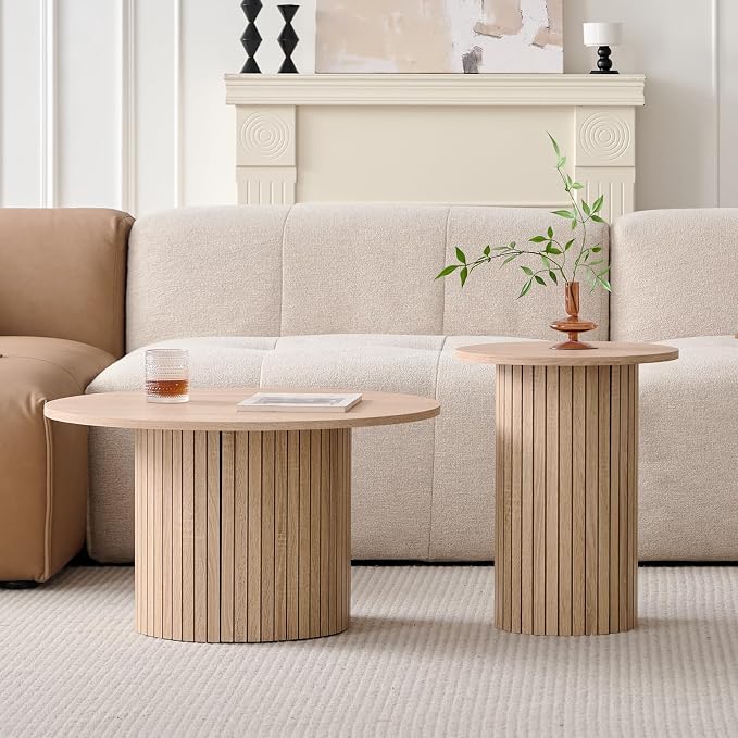 Round Nesting Coffee Tables for Living Room, Set of 2, Natural | φ27.6 + φ15.8 Boho Small Circle Side Tables, Fluted Drum Design Easy Assembly Minimalist Modern End Table Wood Grain Finish