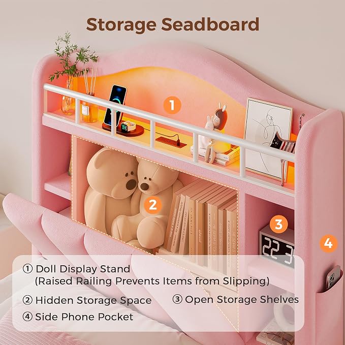 Twin LED Bed Frame with Storage Headboard & 2 Storage Drawers, Princess Velvet Upholstered Bed with Vertical Tufted Headboard Design for Girls, USB & Type-C Charging Ports, Wooden Slats Support, Pink