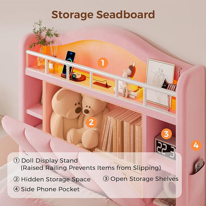 Twin LED Bed Frame with Storage Headboard & 2 Storage Drawers, Princess Velvet Upholstered Bed with Vertical Tufted Headboard Design for Girls, USB & Type-C Charging Ports, Wooden Slats Support, Pink