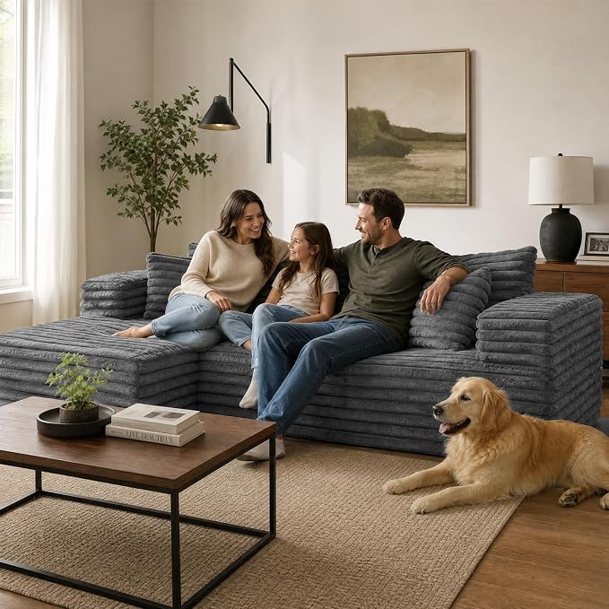 2" Corduroy Boneless Couches for Living Room, L Shape Sofa with Chaise | 102.4" Modular Sectional Sofa, Cloud Couch Sectional with Deep Seat, No Assembly, Grey, Left Chaise