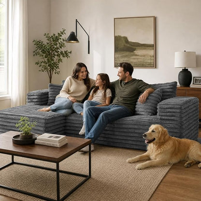 2" Corduroy Boneless Couches for Living Room, L Shape Sofa with Chaise | 102.4" Modular Sectional Sofa, Cloud Couch Sectional with Deep Seat, No Assembly, Grey, Left Chaise