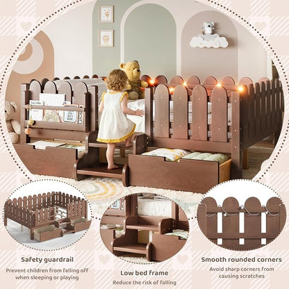 Bellemave Full Kids Montessori Bed with Stairs, Bookshelf and LED Lights, Solid Wood Kids Bed Frame with Storage Drawers for Boys Girls, Low Profile,Deep Natural