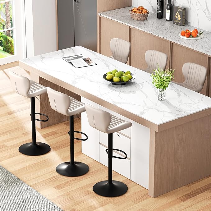 JAMFLY Bar Stools Set of 6, Leather Adjustable Barstools Counter Height Modern Bar Stools, Island Chairs Set of 4 for Kitchen, Beige
