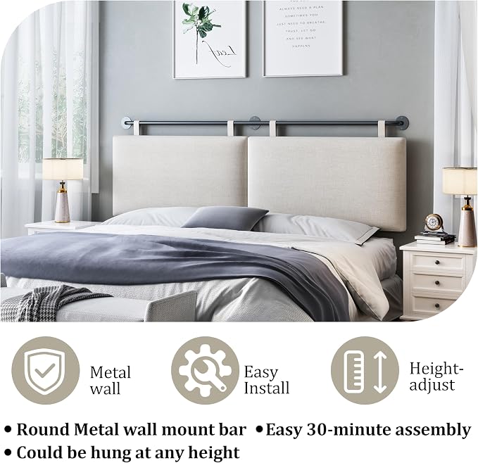 BSHOMGI King Headboard, Wall Mounted Headboards for Bed with Linen Upholstery Hanging Head Board for Bedroom Sturdy and Durable Solid Wood Thanksgiving Day, Christmas for Family(Beige, King)