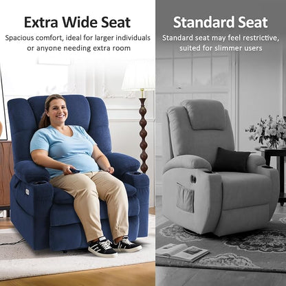 MCombo Big Man Power Lay Flat Lift Chair, Triple Motor Power Lift Recliner with Massage & Dual Heating, Adjustable Headrest, Fabric R7635 (Navy Blue, Large-Wide)