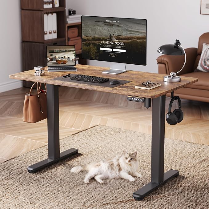 Claiks Electric Standing Desk, Adjustable Height Stand up Desk, 55x24 Inches Sit Stand Home Office Desk with Splice Board, Black Frame/Rustic Brown Top