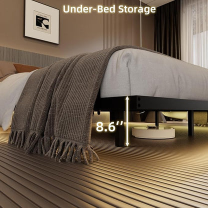Floating Bed Frame King Size with Charging Station and LED Lights, Metal Platform Bed Frame, No Box Spring Needed, Easy Assembly, (King)