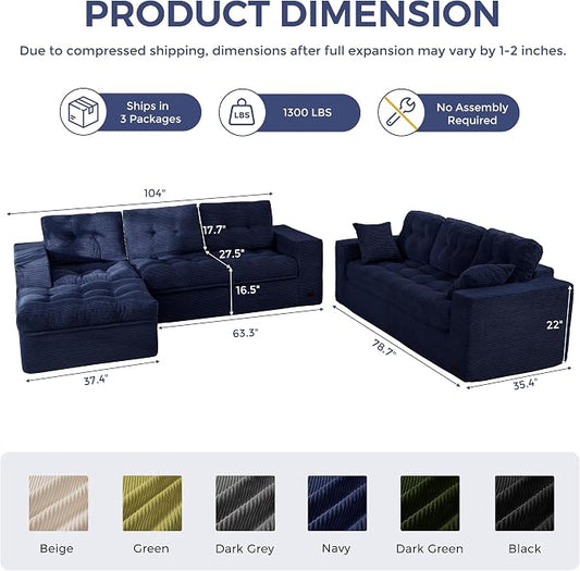 MAXYOYO Modular Sectional Sofa with Loveseat and Ottoman, Flexible Combination Cloud Boneless Couch with Layered Cushion for Living Room, No Assembly Required, Navy