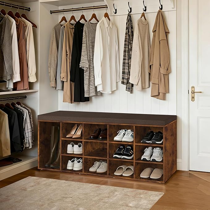 DINZI LVJ Shoe Storage Bench with Cushion, 15-Cubby Rack, Adjustable Shelves, Long Organizer Bench for Entryway, Mudroom, Hallway, Living Room, Bedroom and Garage, Rustic Brown