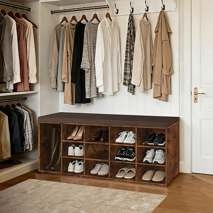DINZI LVJ Shoe Storage Bench with Cushion, 15-Cubby Rack, Adjustable Shelves, Long Organizer Bench for Entryway, Mudroom, Hallway, Living Room, Bedroom and Garage, Rustic Brown