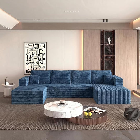 138" Modular Sectional Sofa, U-Shaped Cloud Couch with Deep Seats & Chaise, Convertible 4-in-1 Corduroy Boneless Couches for Living Room, No-Assembly - Blue (Right Facing Chaise)