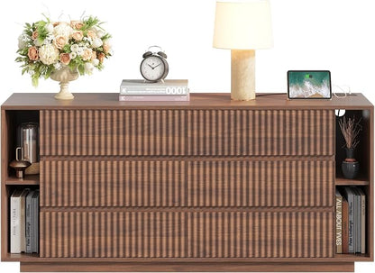 Whalefall 63 Inch Fluted 6 Drawers Dresser with Shelves, Walnut | Large Chest of Drawers for Bedroom, Mid Century Modern, Wood Closet Storage Organizer, Pedestal TV Stand for Living Room