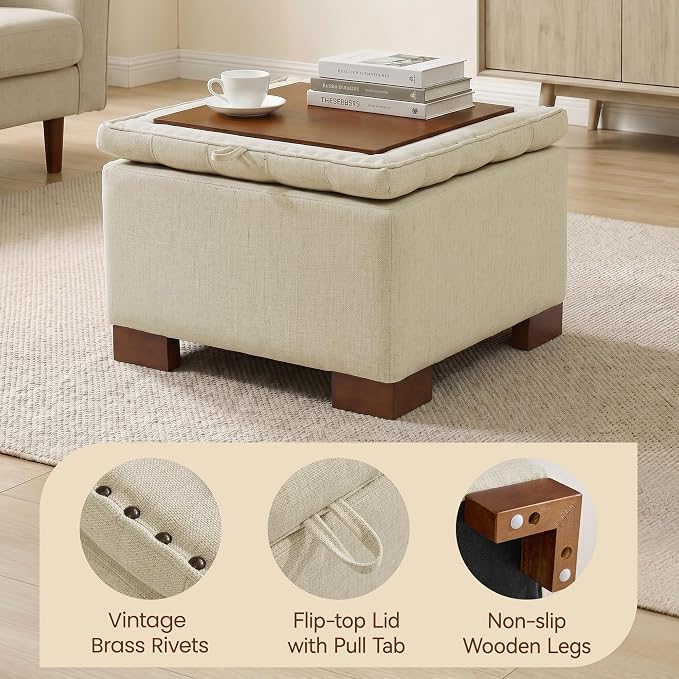 24 Inch Square Storage Ottoman Coffee Table, Modern Tufted Upholstered Ottoman with Flip Tray and Solid Wood Legs, Suitable for Living Rooms, Linen Khaki