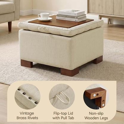 24 Inch Square Storage Ottoman Coffee Table, Modern Tufted Upholstered Ottoman with Flip Tray and Solid Wood Legs, Suitable for Living Rooms, Linen Khaki